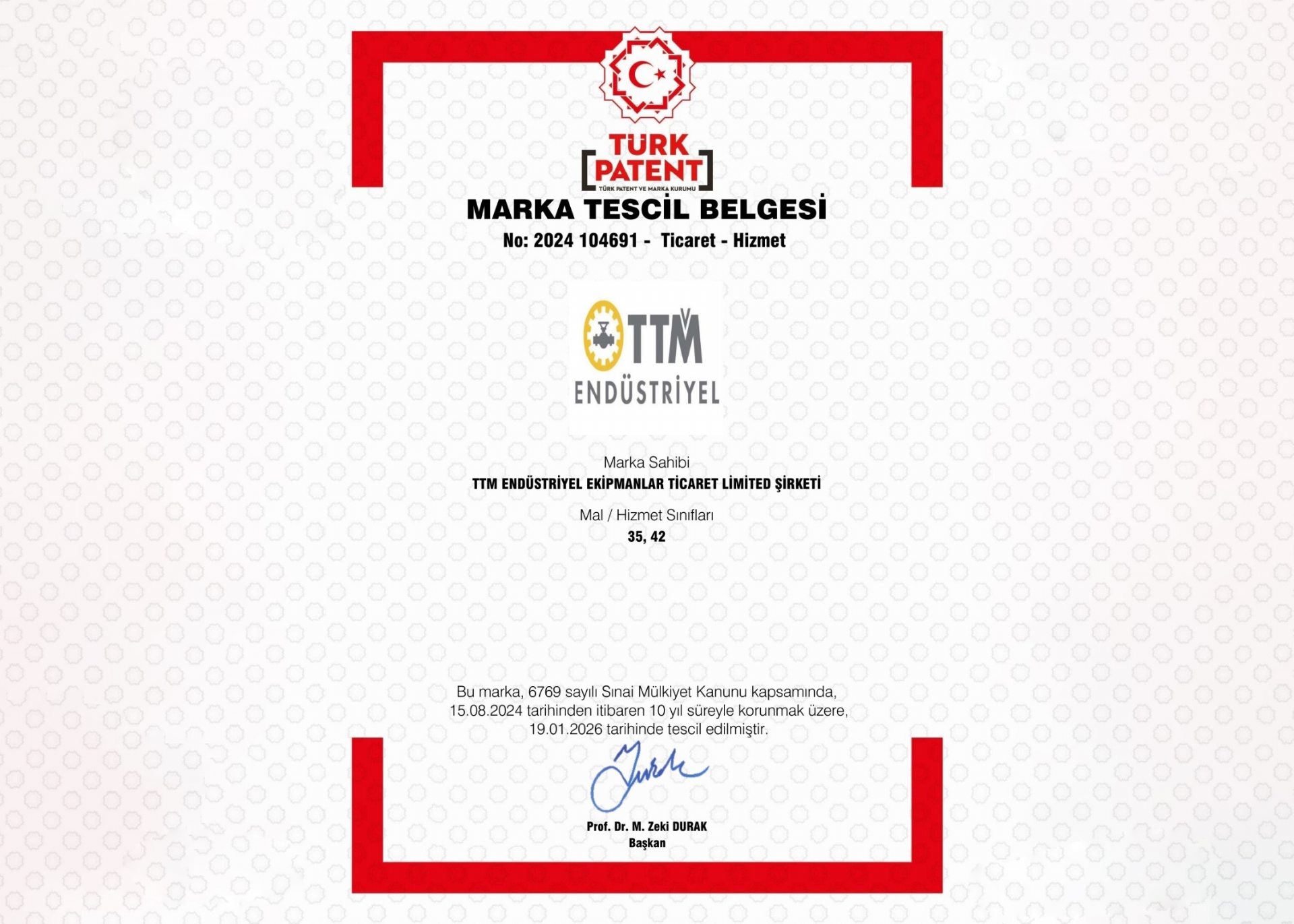 TTM Endüstriyel Marka Tescil Belgesini Aldı<